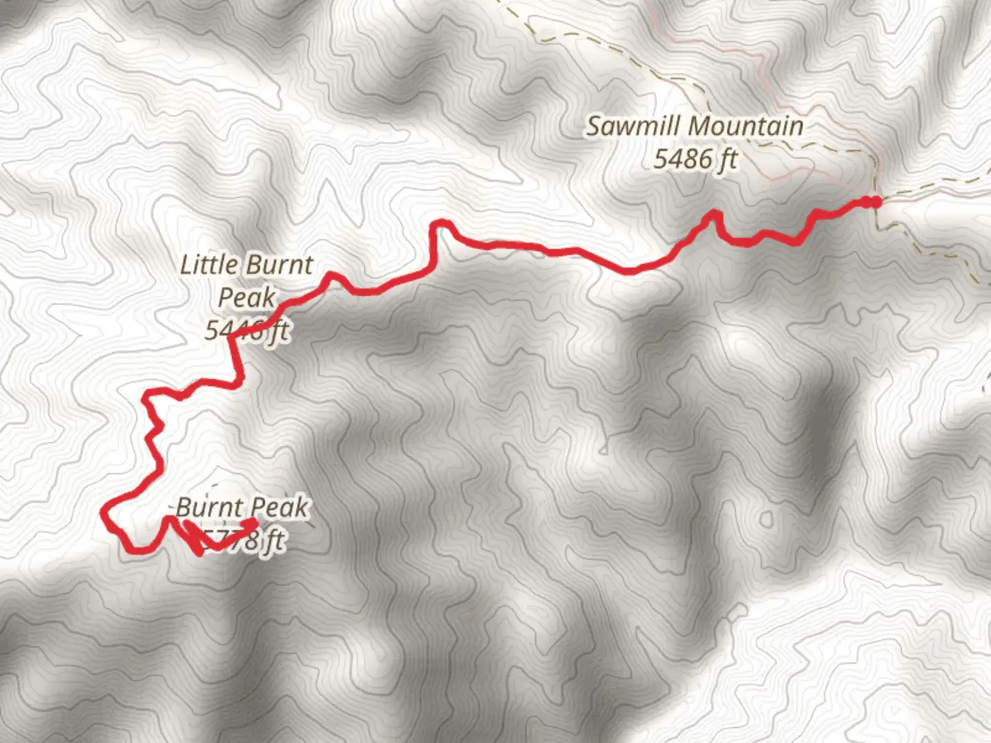 An image depicting the trail Little Burnt Peak via Forest Route and its surrounding area.