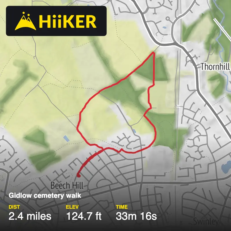 A map preview of the recording Gidlow cemetery walk.