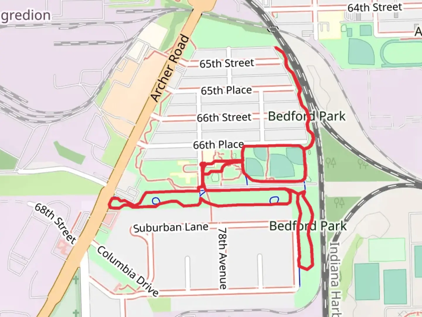 An image depicting the trail Bedford Park Loop and its surrounding area.