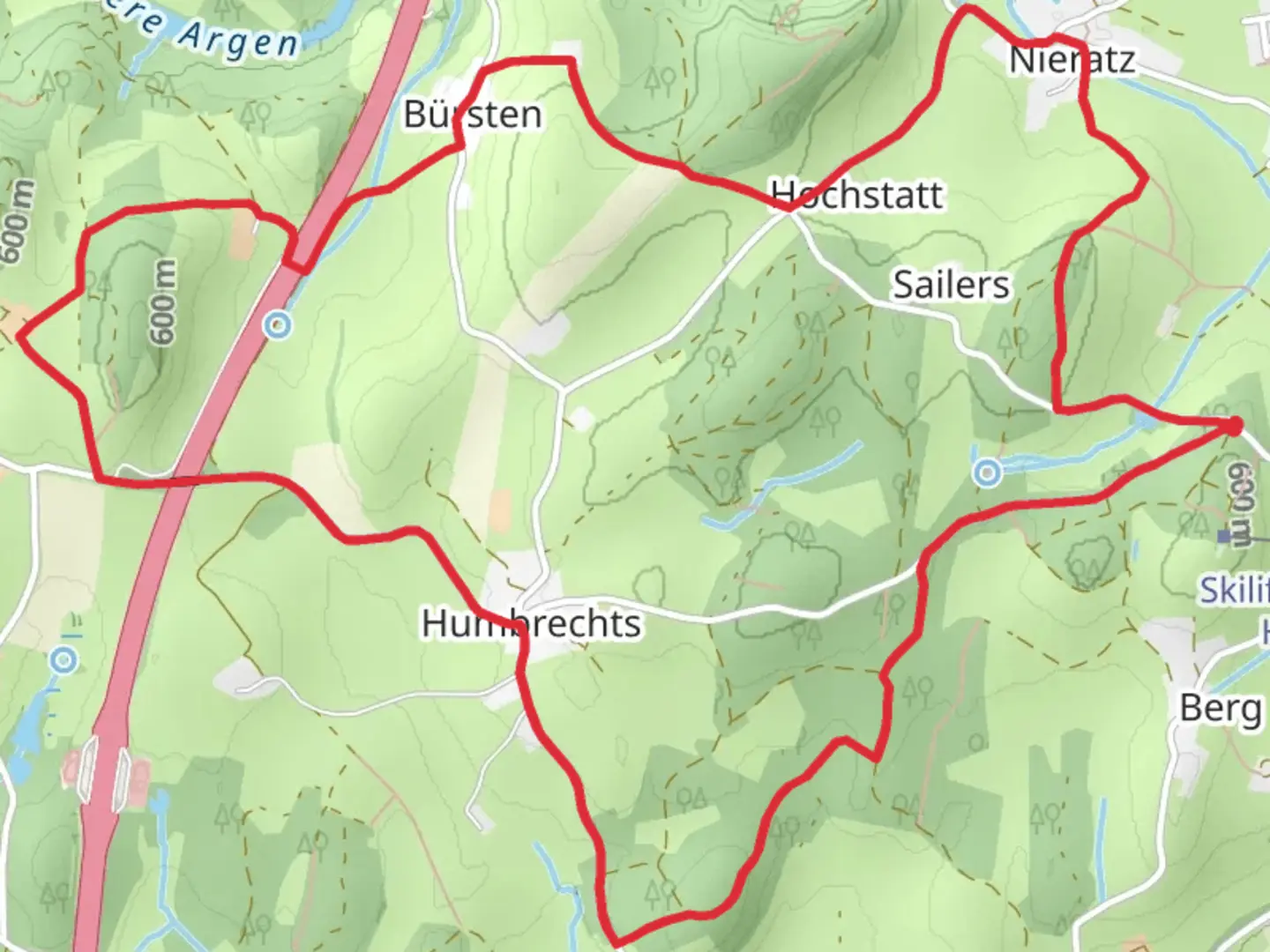 An image depicting the trail Wangen im Allgaeu Loop and its surrounding area.