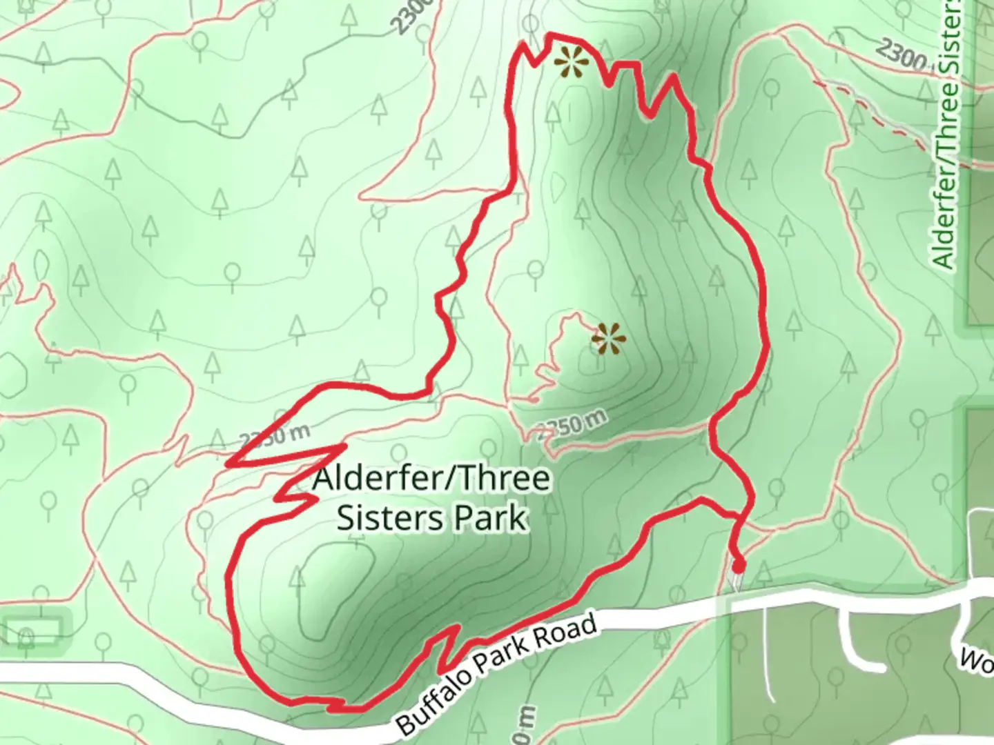 An image depicting the trail Sisters and Ponderosa Loop Trail and its surrounding area.