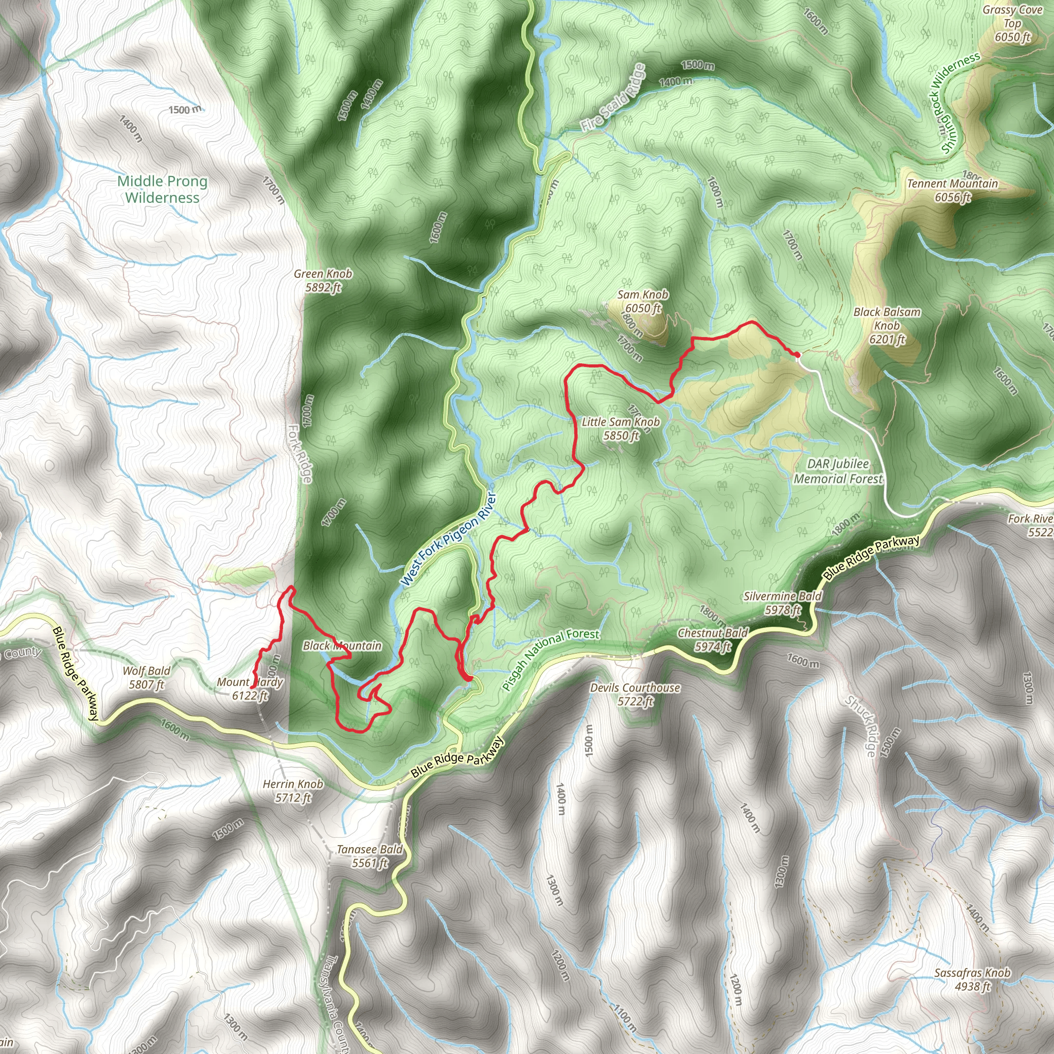 Black Mountain and Mount Hardy via Flat Laurel Creek Trail mobile static map
