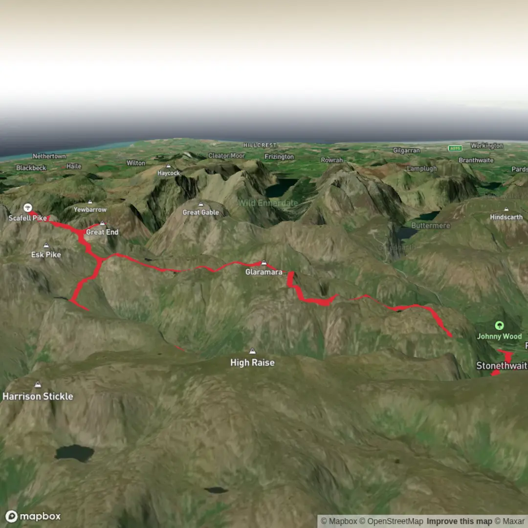 An image depicting the trail Chapel house farm to Scafell Pike via Langstrath Valley, Angle Tarn, Great End and Bessy Boot Loop and its surrounding area.