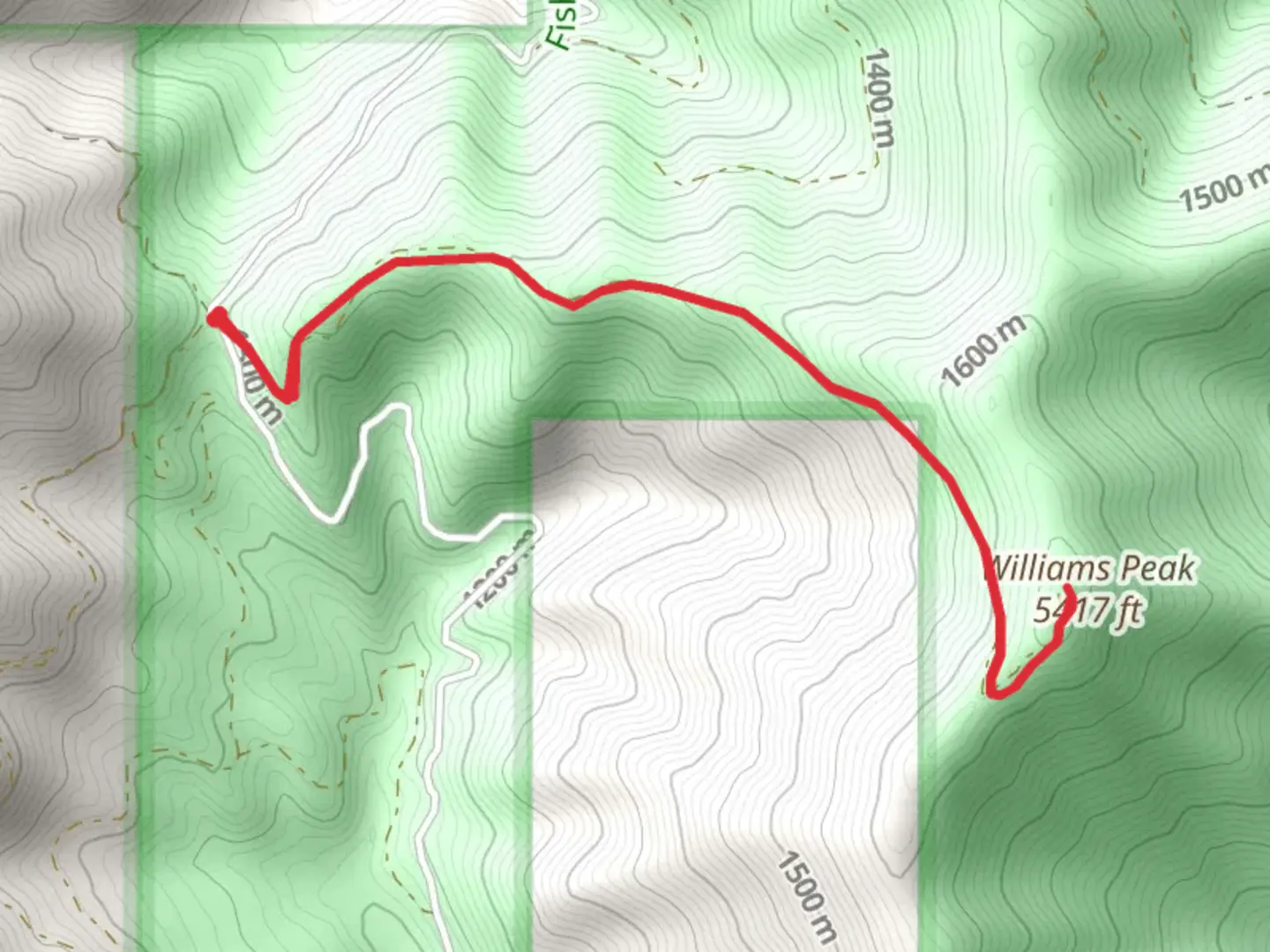 An image depicting the trail Williams Peak Out and Back and its surrounding area.