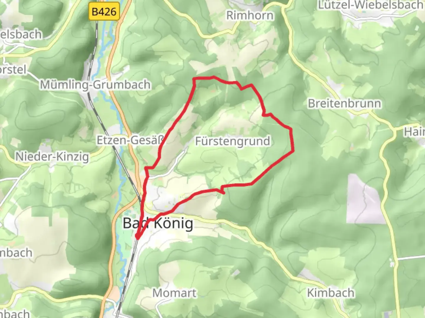 An image depicting the trail Fuerstengrund Runde and Hessenweg 2 and its surrounding area.