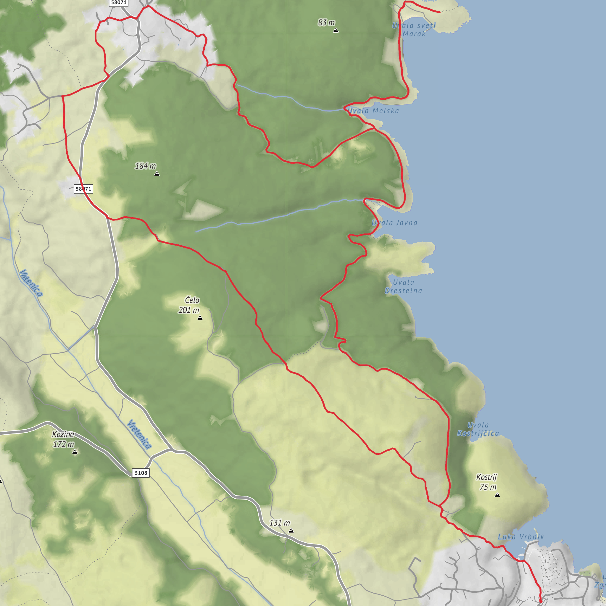 Risika Trail via Luka Vrbnik, Javna Cove and Sveti Marak mobile static map