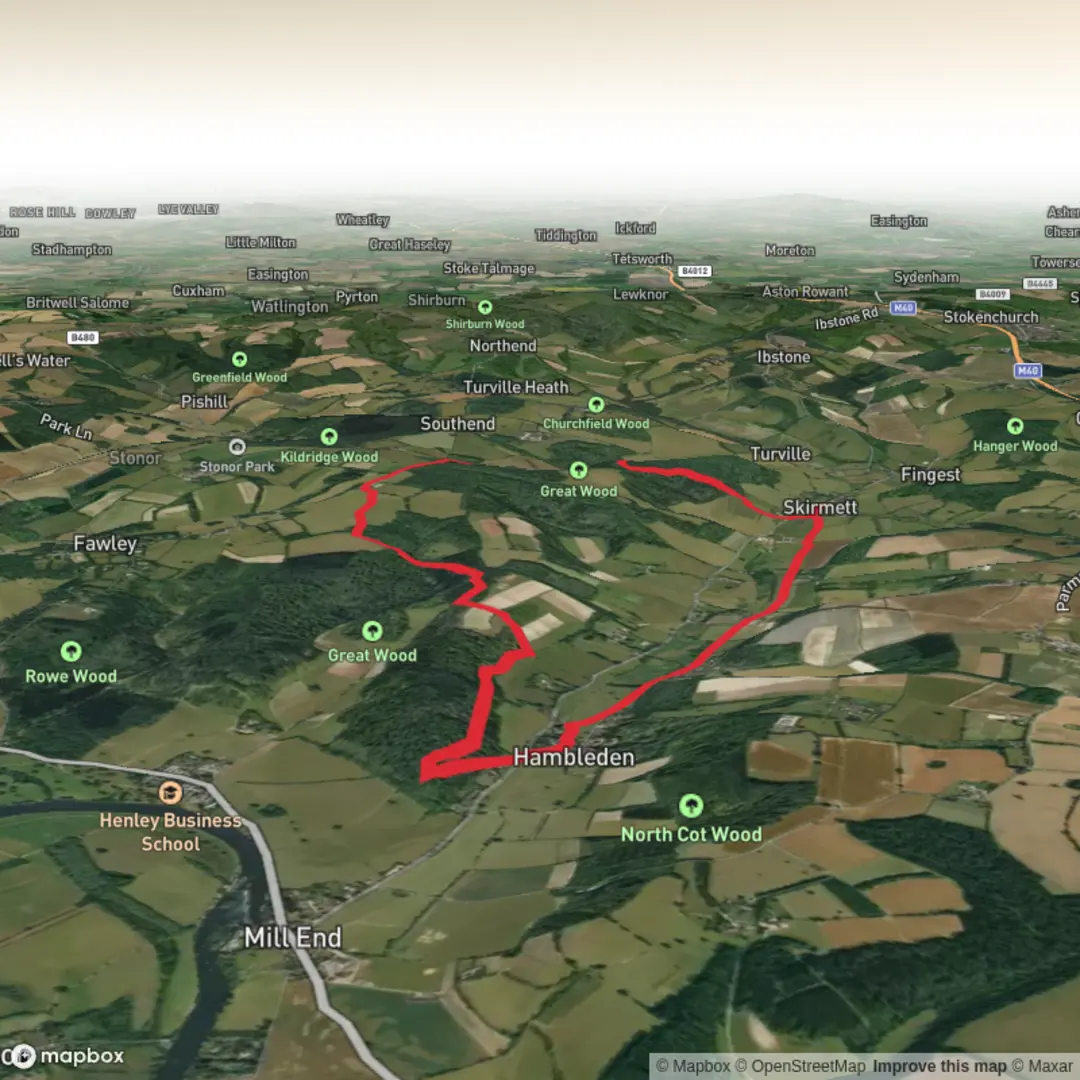 An image depicting the trail Great Wood, Kimble Wood and Hembleden Loop and its surrounding area.