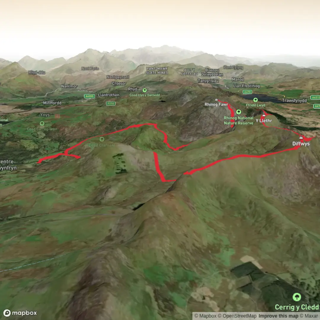 An image depicting the trail Rhinog Fawr and Rhinog Fach Loop and its surrounding area.