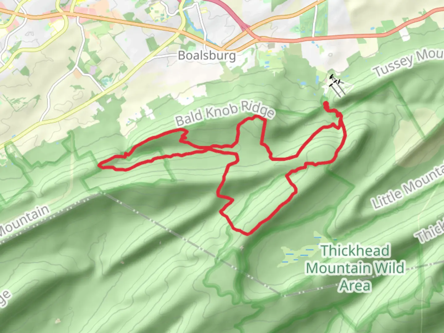 An image depicting the trail Bald Knob and Little Flat Loop and its surrounding area.