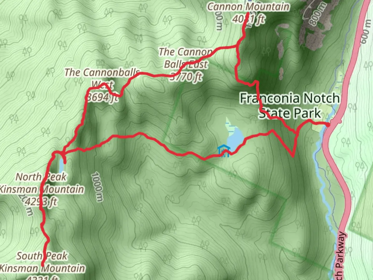 An image depicting the trail Cannon Mountain and North-South Kinsman Mountain Loop via Lonesome Lake Trail and its surrounding area.