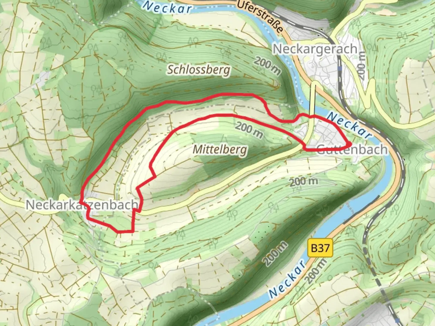 An image depicting the trail Neckarkatzenbach Weg and its surrounding area.