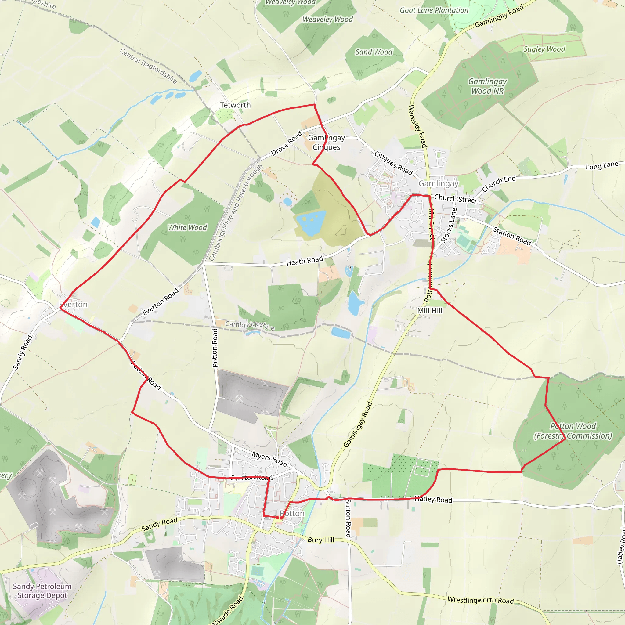 Gamlingay - Tetworth and Everton from Potton mobile static map
