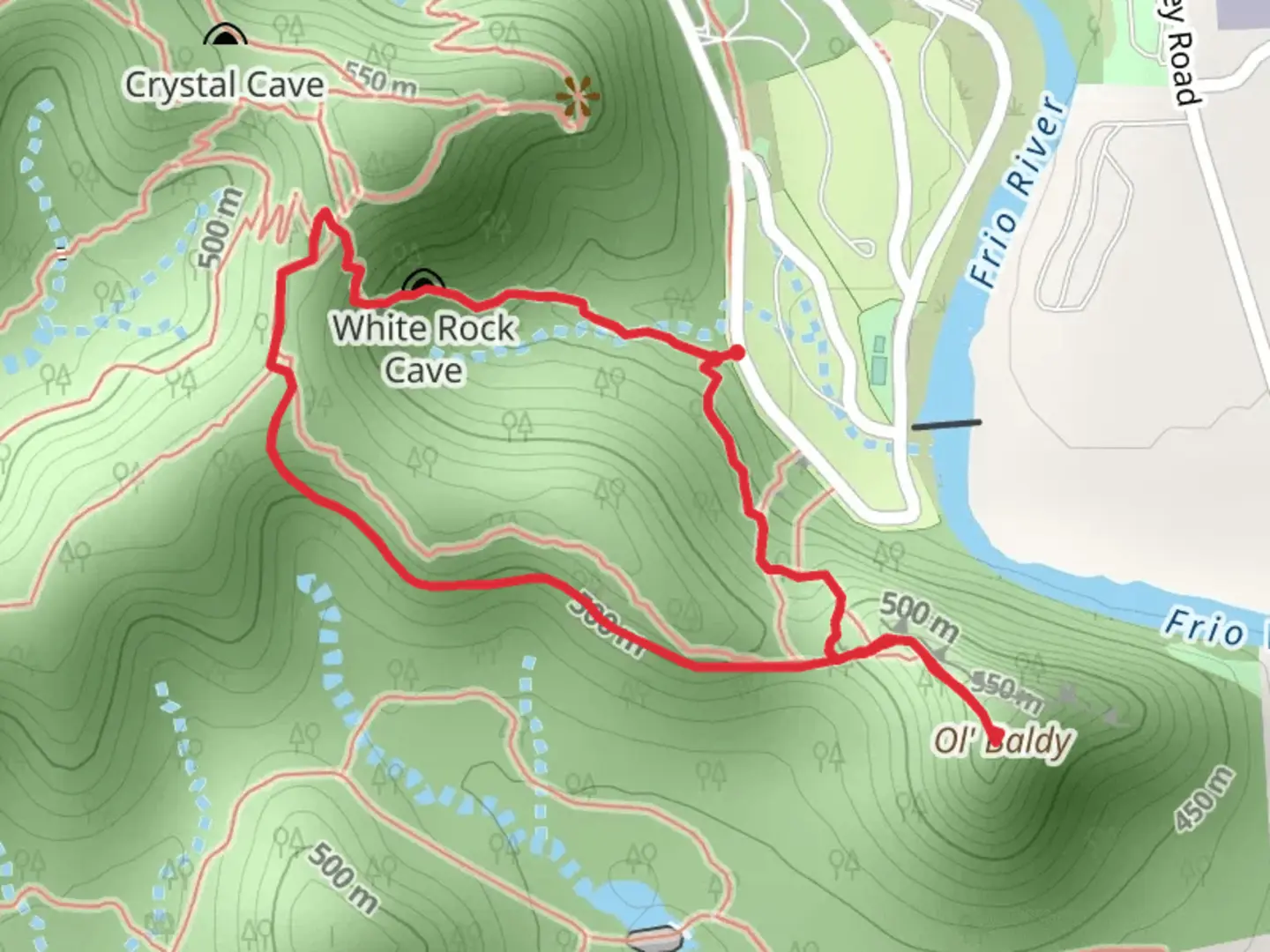 An image depicting the trail Ol' Baldy via Bird Trail and Foshee Loop Trail and its surrounding area.