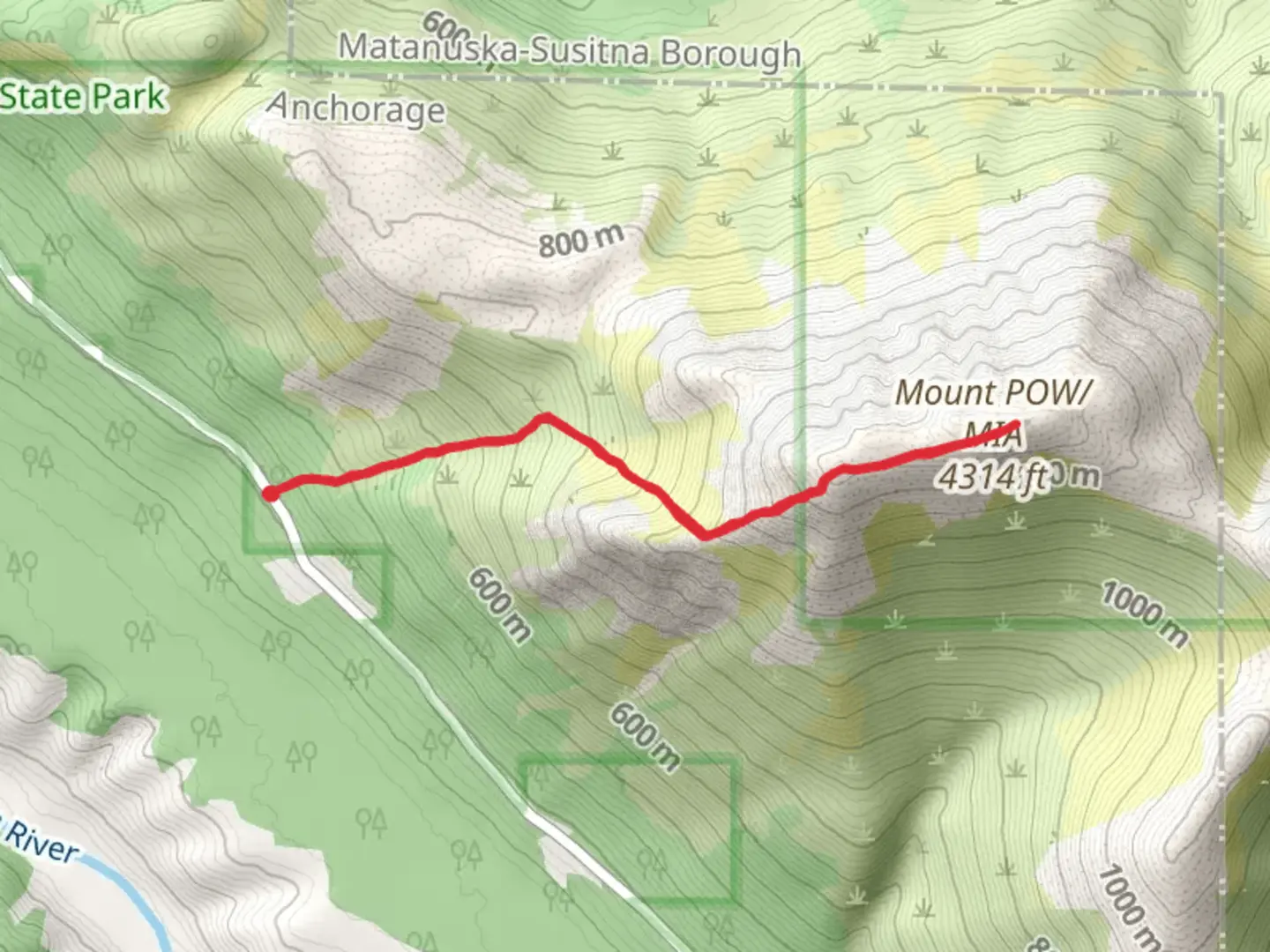 An image depicting the trail Gold Star Peak and Mount POW-MIA Trail and its surrounding area.
