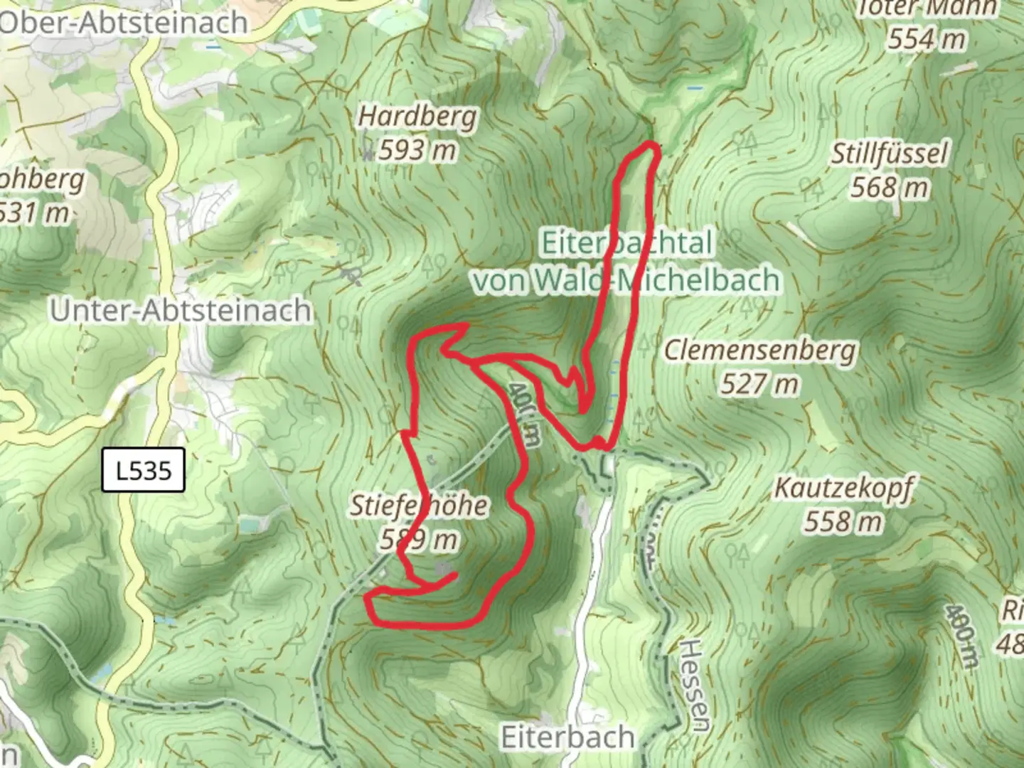 An image depicting the trail Eiterbachral von Wald Michelbach, Lichtenklinger Hof and Stiefelhohe Loop and its surrounding area.