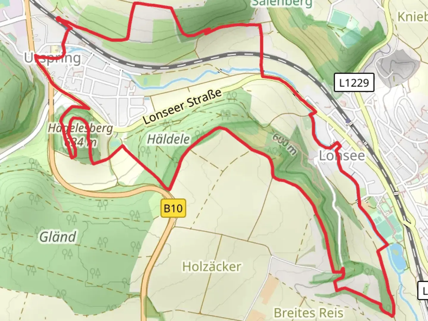 An image depicting the trail Hägelesberg, Häldele, Wassererlebnisbereich Lonsee and Romisches Kastell Loop and its surrounding area.