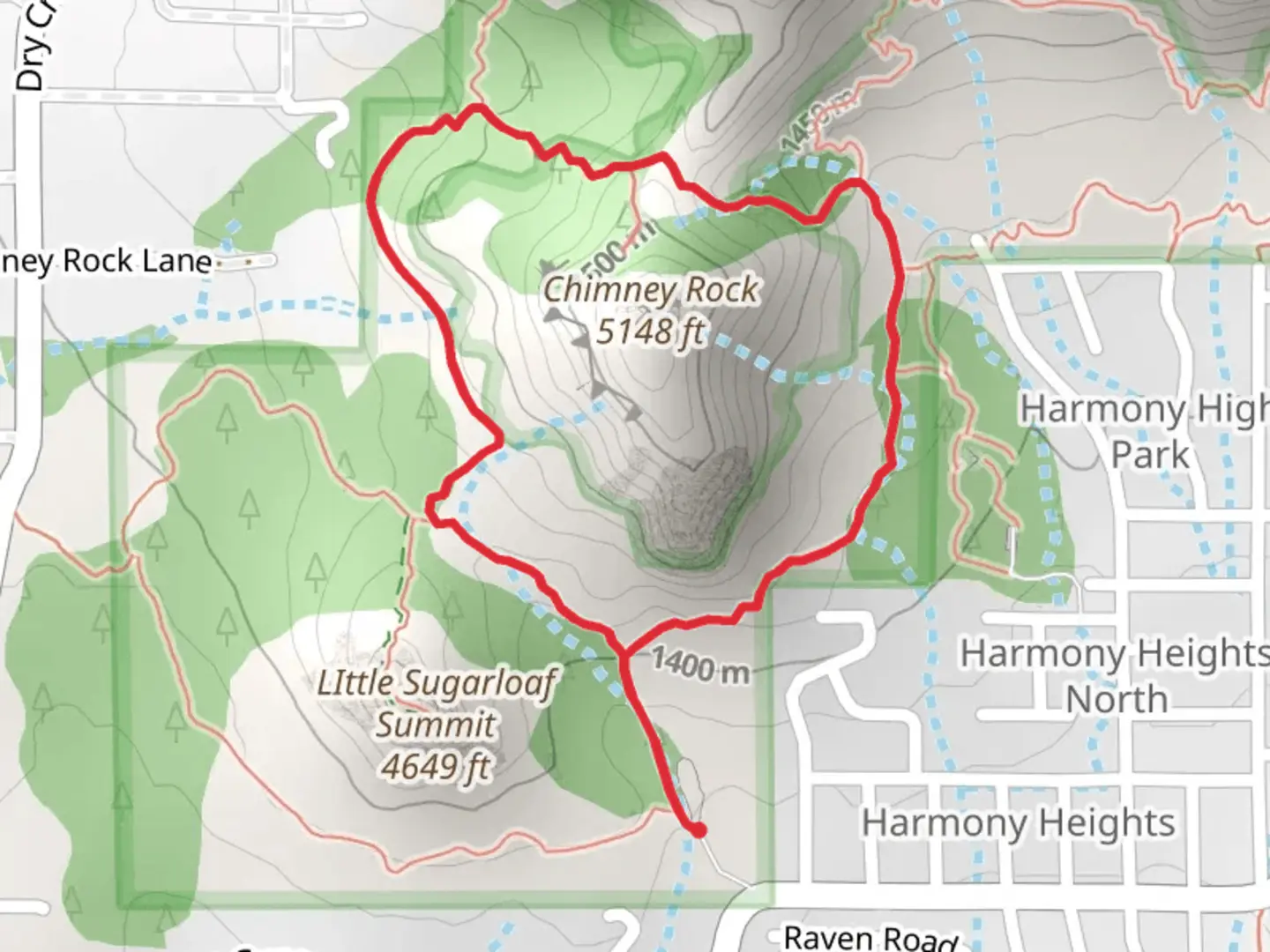 An image depicting the trail Thunder Mountain and Chimney Rock Pass Loop Trail and its surrounding area.