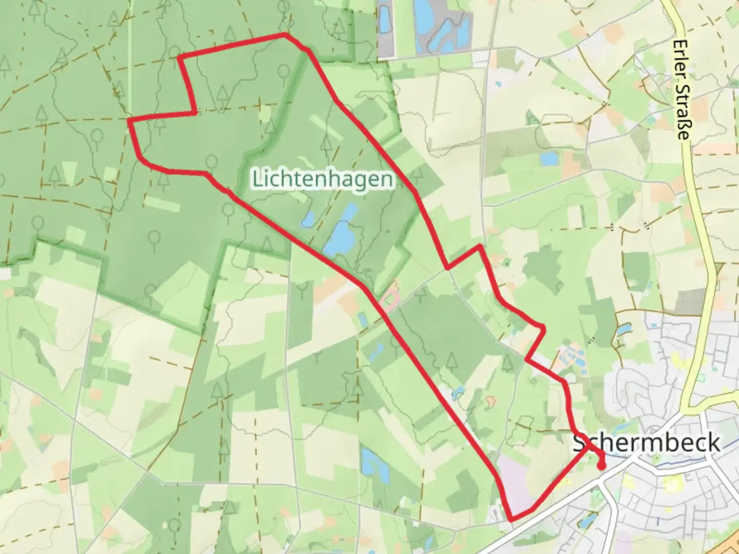 An image depicting the trail Lichtenhagen Loop via Unterer Mühlenteich and its surrounding area.