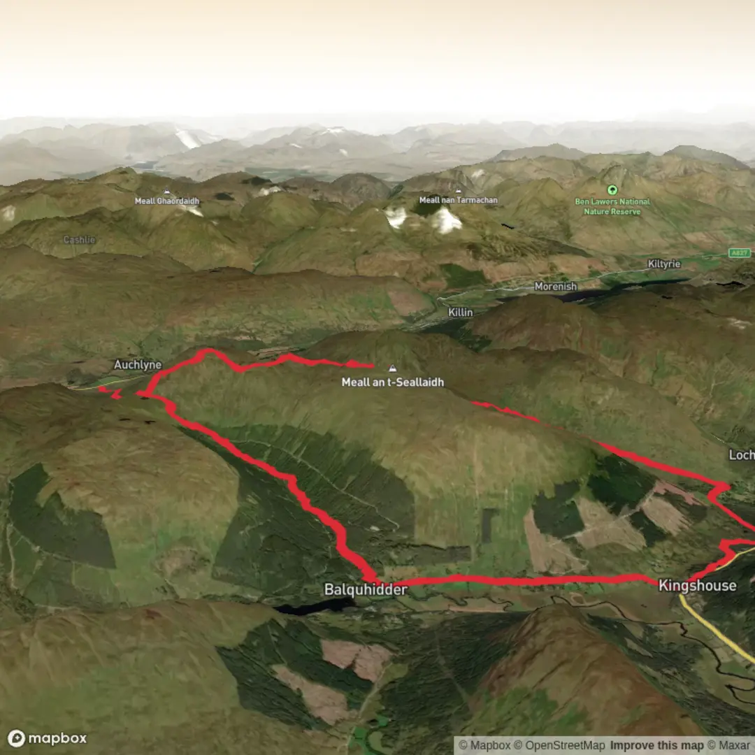 An image depicting the trail Meall an Fhiodhain and Meall an t-Seallaidh Loop and its surrounding area.
