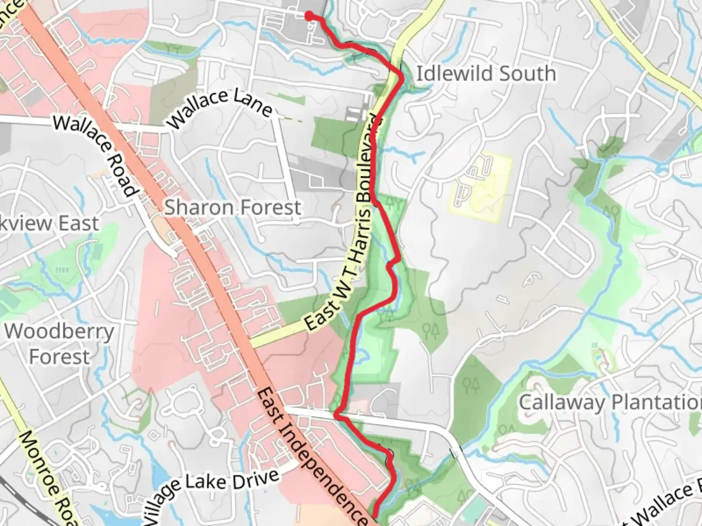 An image depicting the trail Campbell Creek Greenway from City View Drive and its surrounding area.