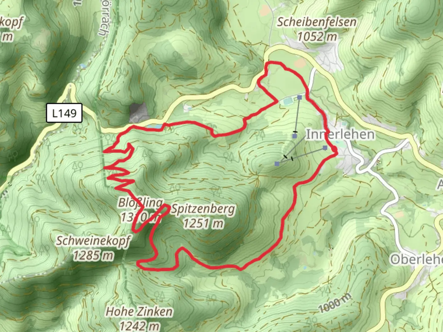 An image depicting the trail Blößling via Bernau Innerlehen and Wacht Blößling and its surrounding area.