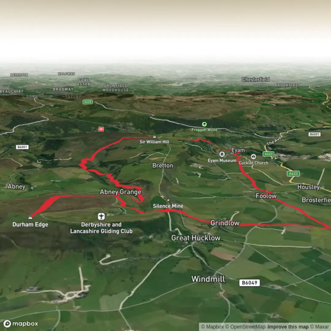 An image depicting the trail Eyam - Sir William’s Hill & Durham Edge and its surrounding area.