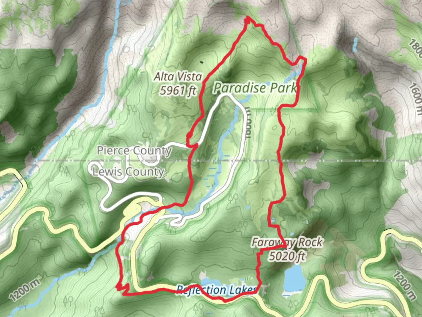 An image depicting the trail Reflection Lakes via Wonderland Trail and Golden Gate Trail and its surrounding area.