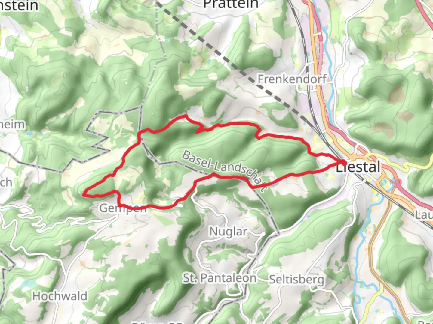 An image depicting the trail Liestal to Gempen and its surrounding area.