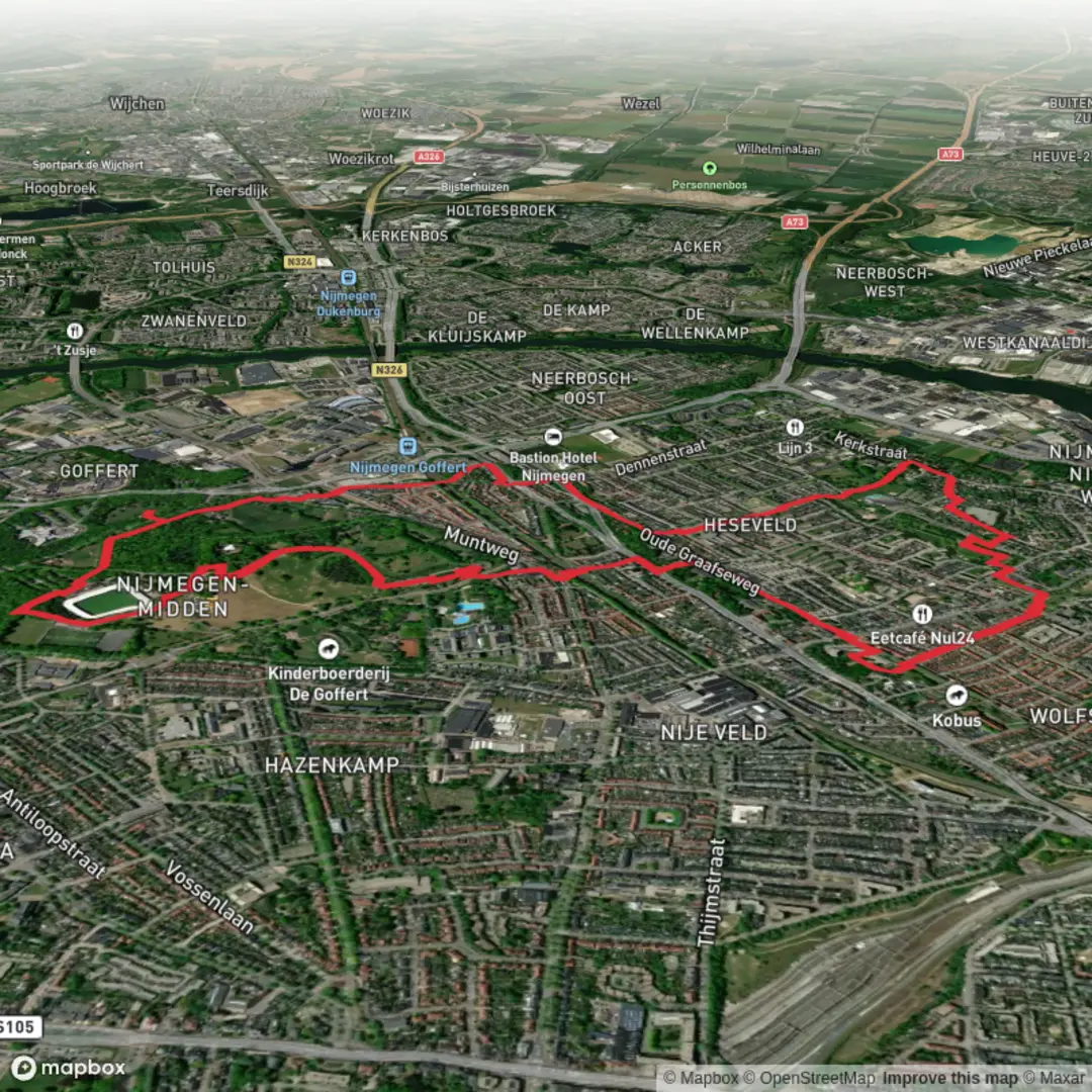 An image depicting the trail Goffertpark and Jonkerbosch War Cemetery Loop and its surrounding area.