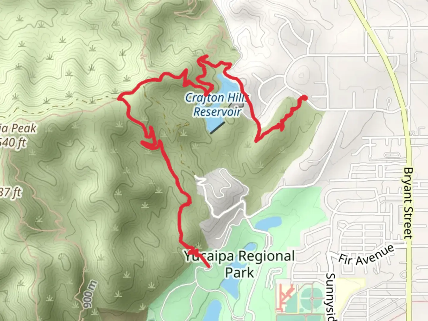 An image depicting the trail Crafton Hills Reservoir via Regional Park Trail and its surrounding area.