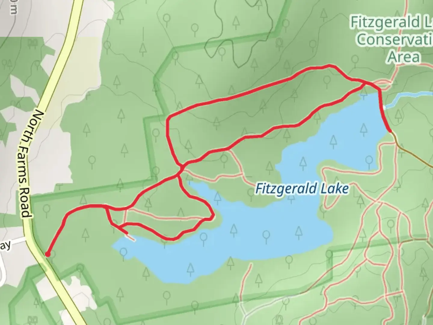 An image depicting the trail Fitzgerald Lake via Hillside Trail and Lake Trail - Blue and its surrounding area.