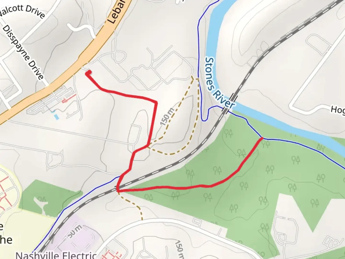 An image depicting the trail Stones River Out and Back and its surrounding area.
