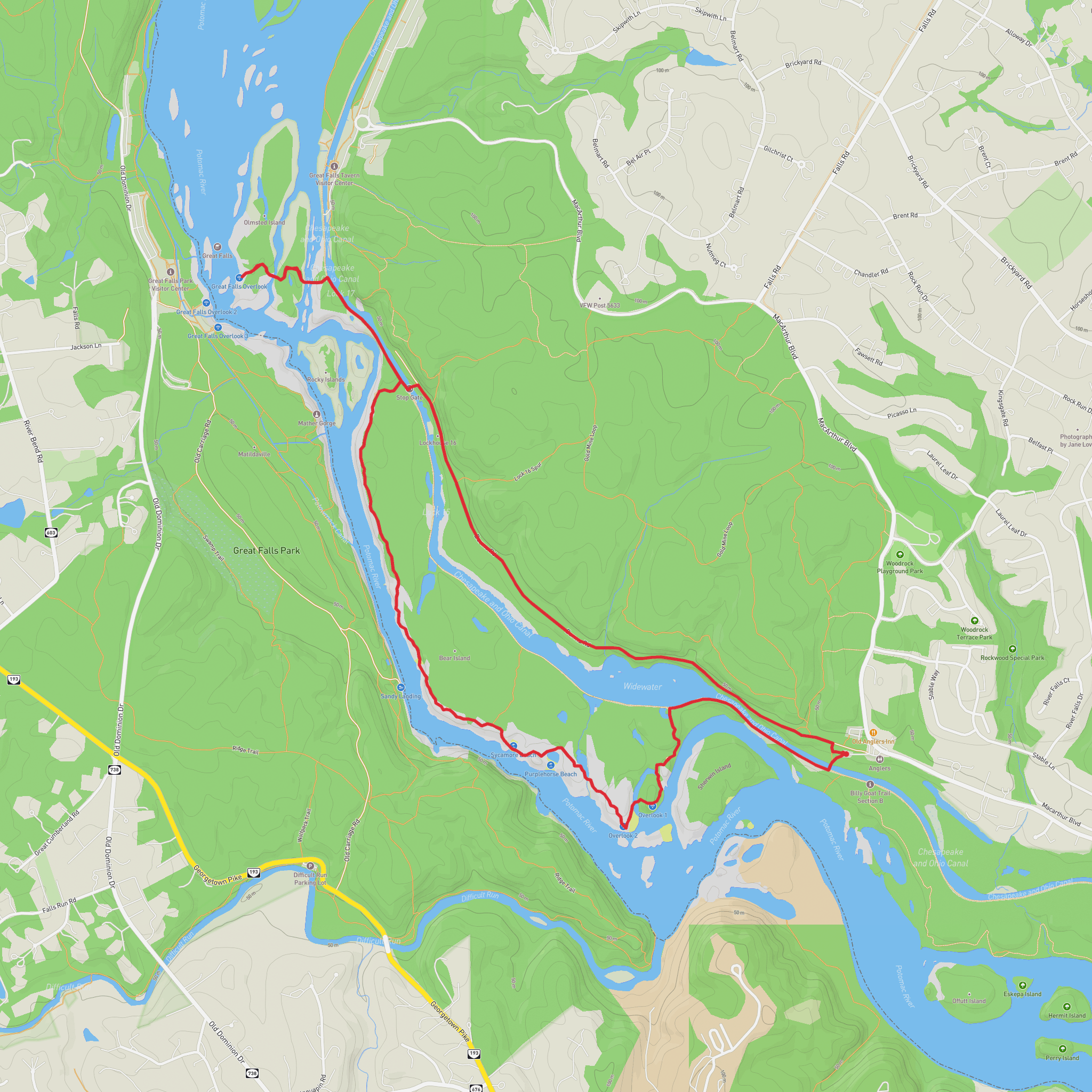 Great Falls Overlook, Billy Goat Section A and Chesapeake and Ohio Canal Loop Trail mobile static map