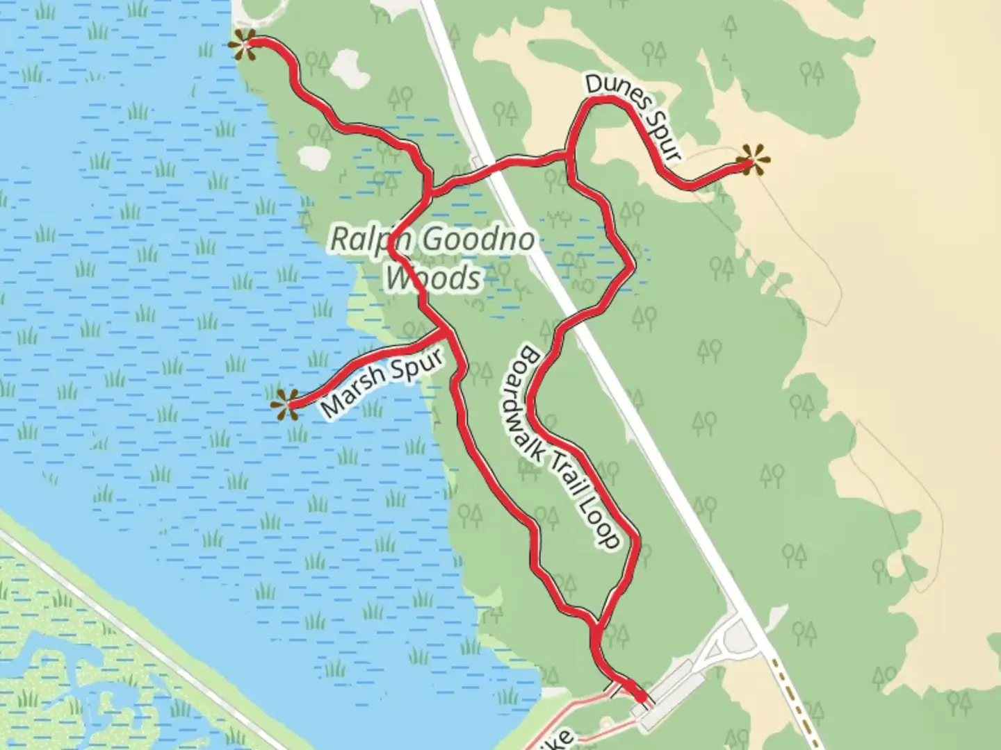 An image depicting the trail Ralph Goodno Woods Loop and its surrounding area.