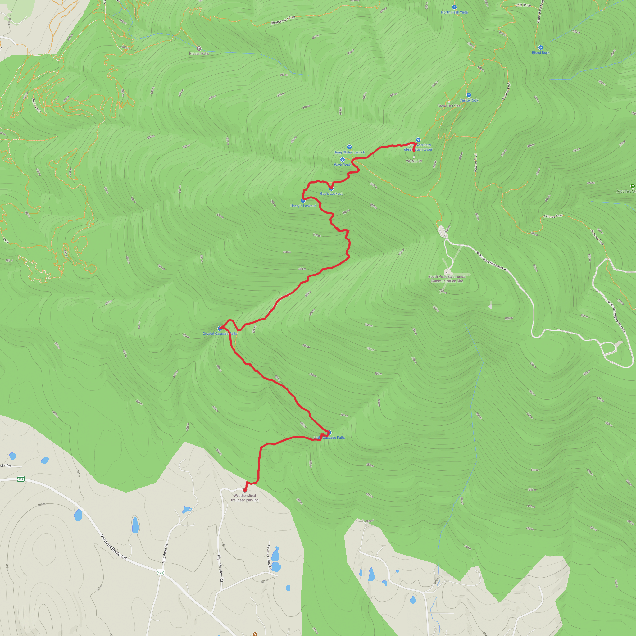 Crystal Cascade Falls, Gus's Lookout and Mt Ascutney via Wethersfield Trail mobile static map