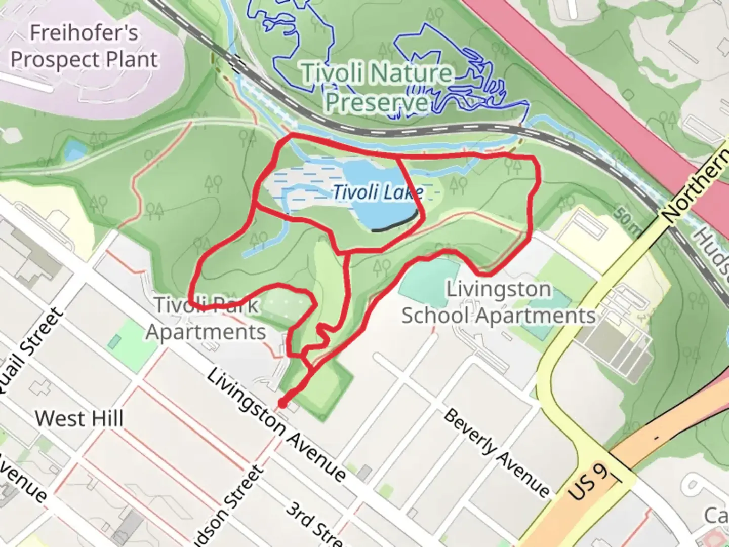 An image depicting the trail Tivoli Lake via Partoon Creek Trail and Brothet Tusuf Burgess Trail and its surrounding area.