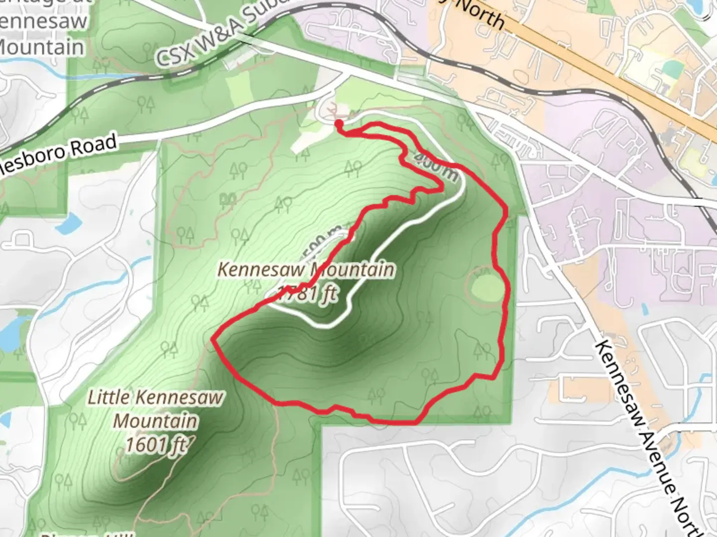 An image depicting the trail Kennesaw Mountain and Picket Line Loop Trail and its surrounding area.