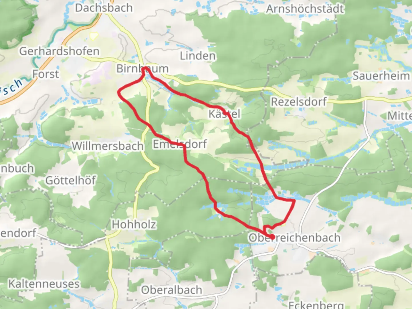 An image depicting the trail Herrenweiher and Reisichbachteiche via Rangau Randweg and Bettelhuetlein Runde and its surrounding area.