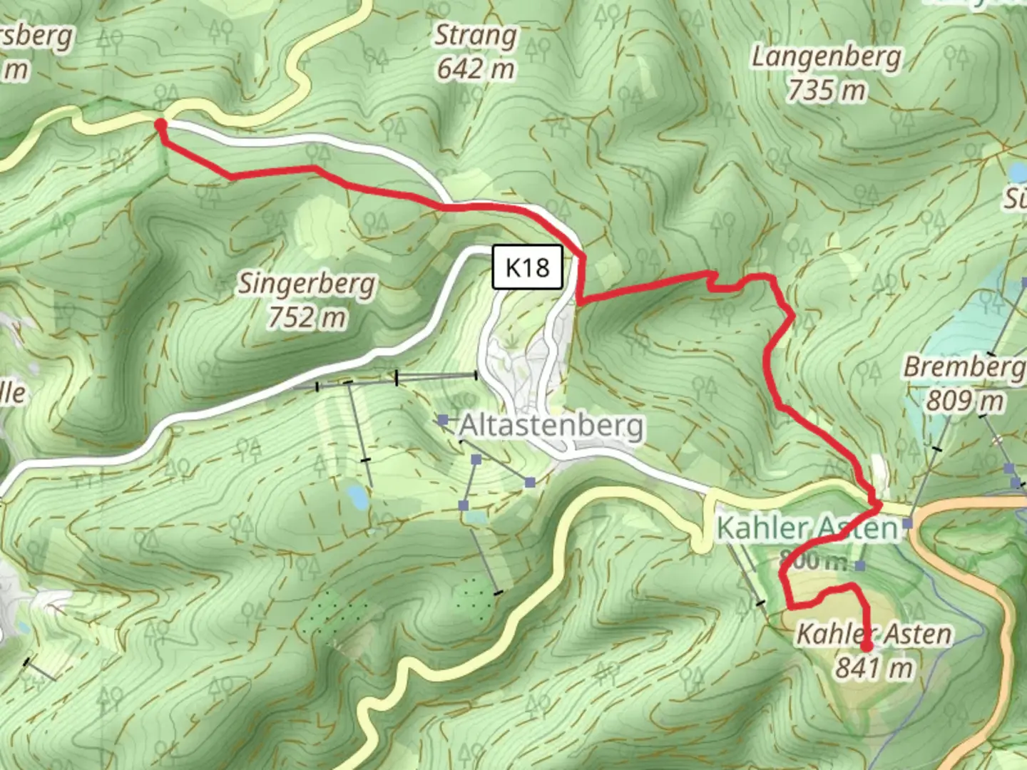 An image depicting the trail Kahler Asten to Großes Bildchen via Astenweg and Rothaarweg and its surrounding area.