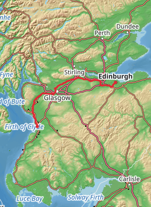 Edinburgh, Colinton tunnel,Falkirk wheel to Ayr.  mobile static map