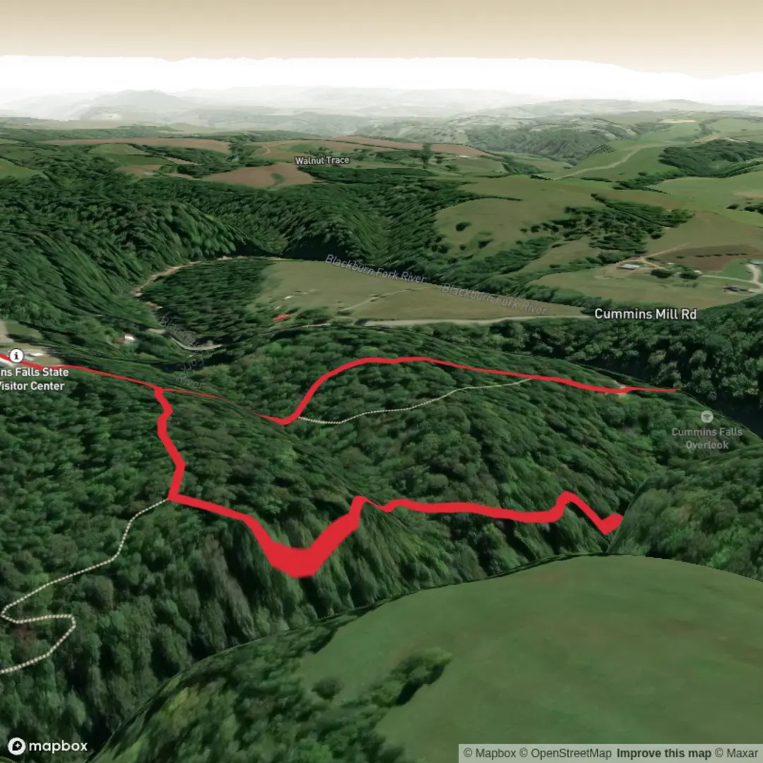 An image depicting the trail Cummins Falls Overlook via Falls Overlook Trail and Black Fork River Trail and its surrounding area.