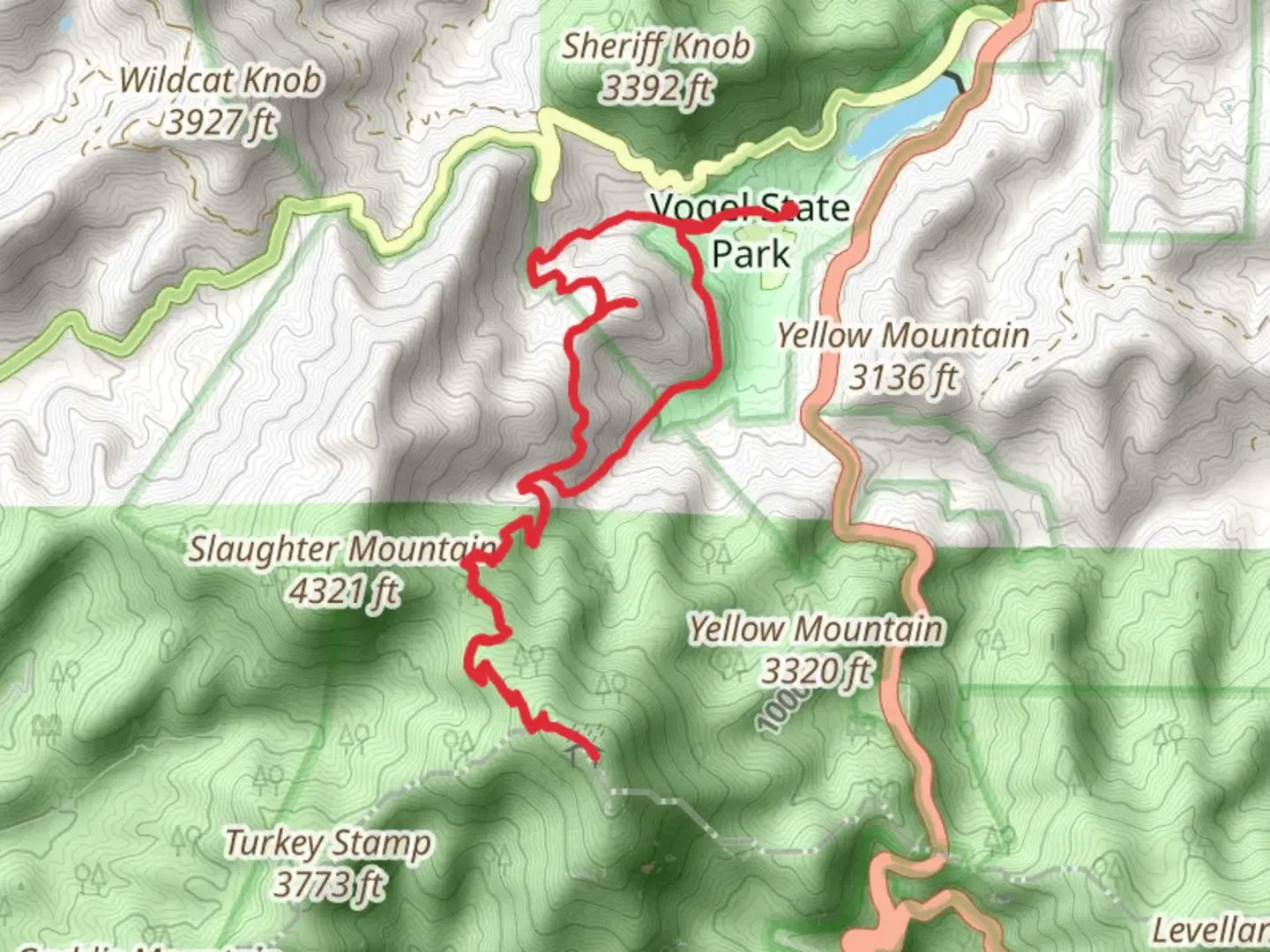 An image depicting the trail Blood Mountain via Coosa Backcountry Trail and Bear Hair Gap Trail Loop and its surrounding area.