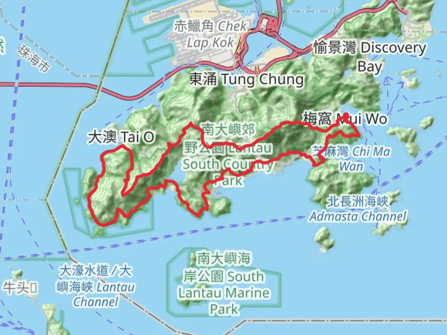 An image depicting the trail Lantau Trail and its surrounding area.