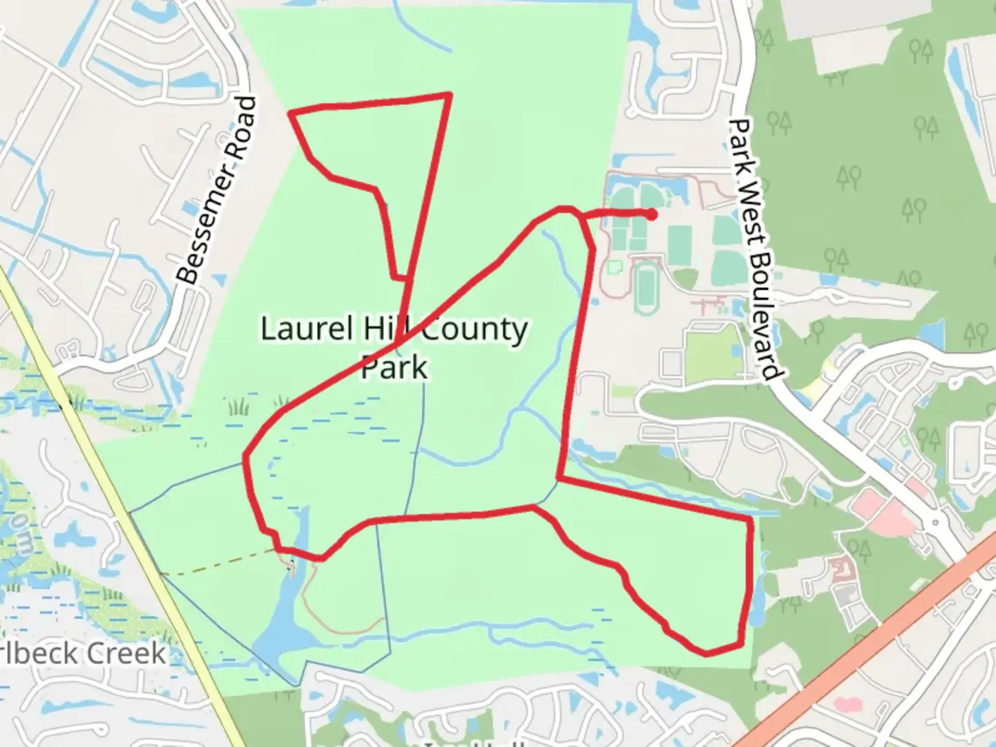 An image depicting the trail Laurel Hill County Park Loop and its surrounding area.