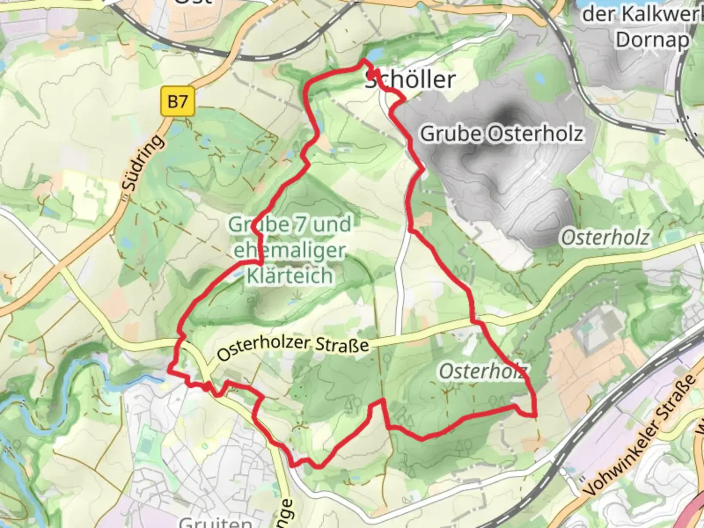 An image depicting the trail An der Düssel and Entdeckerschleife Evolutionspfad LoopLoop and its surrounding area.