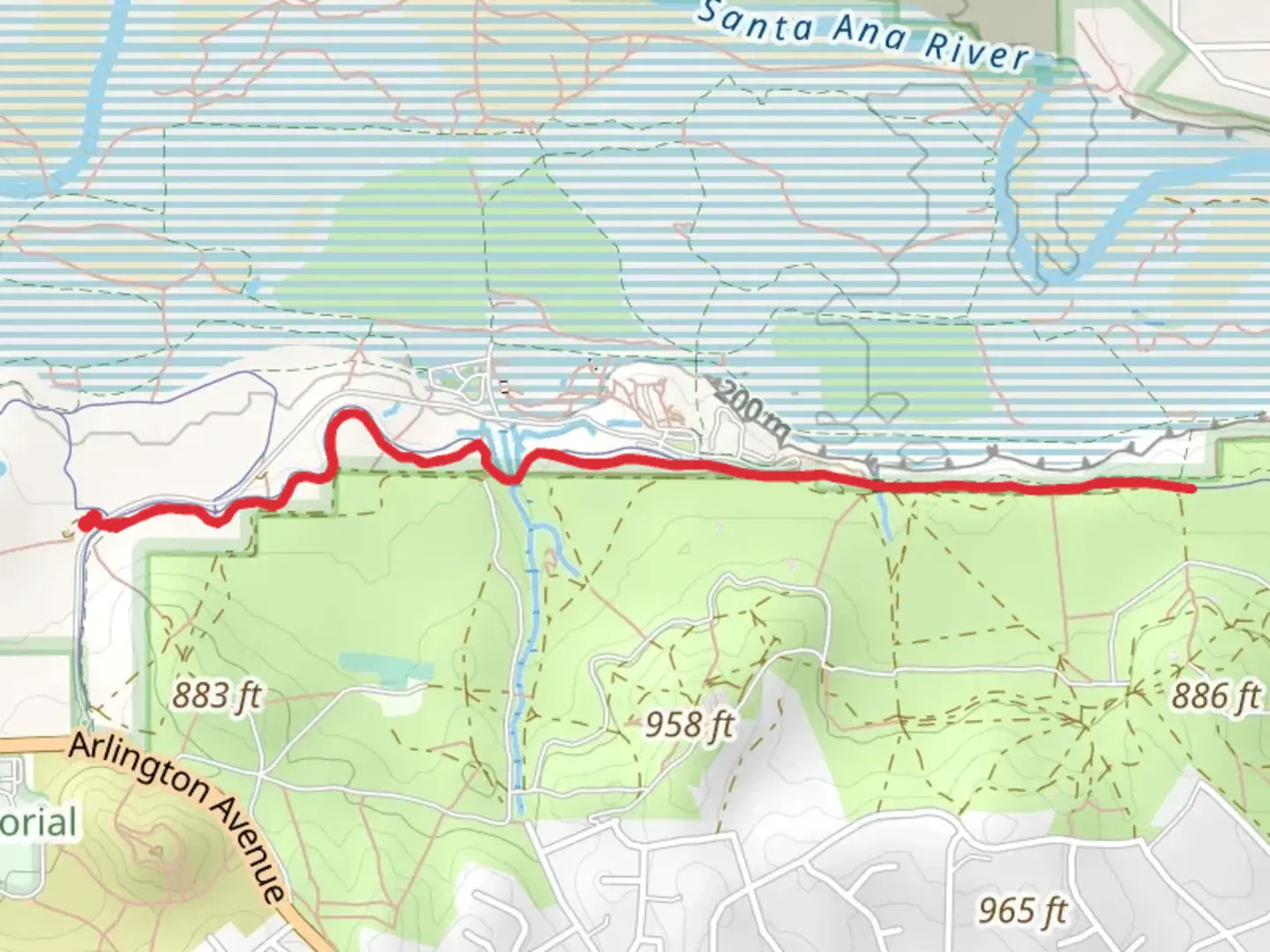 An image depicting the trail Santa Ana River Trail Out and Back and its surrounding area.