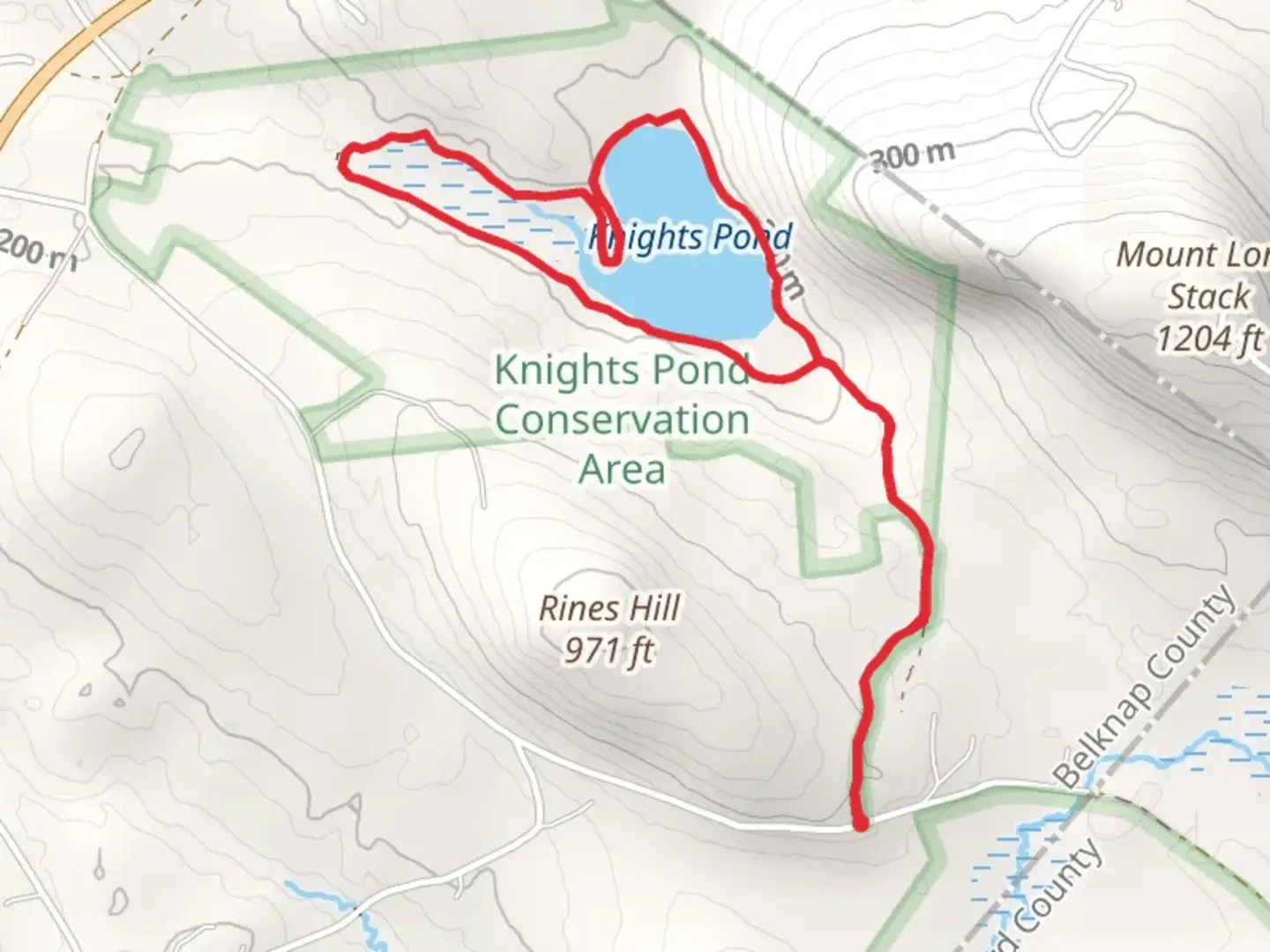 An image depicting the trail Knights Pond and Knights Pond Conservation Area Loop and its surrounding area.