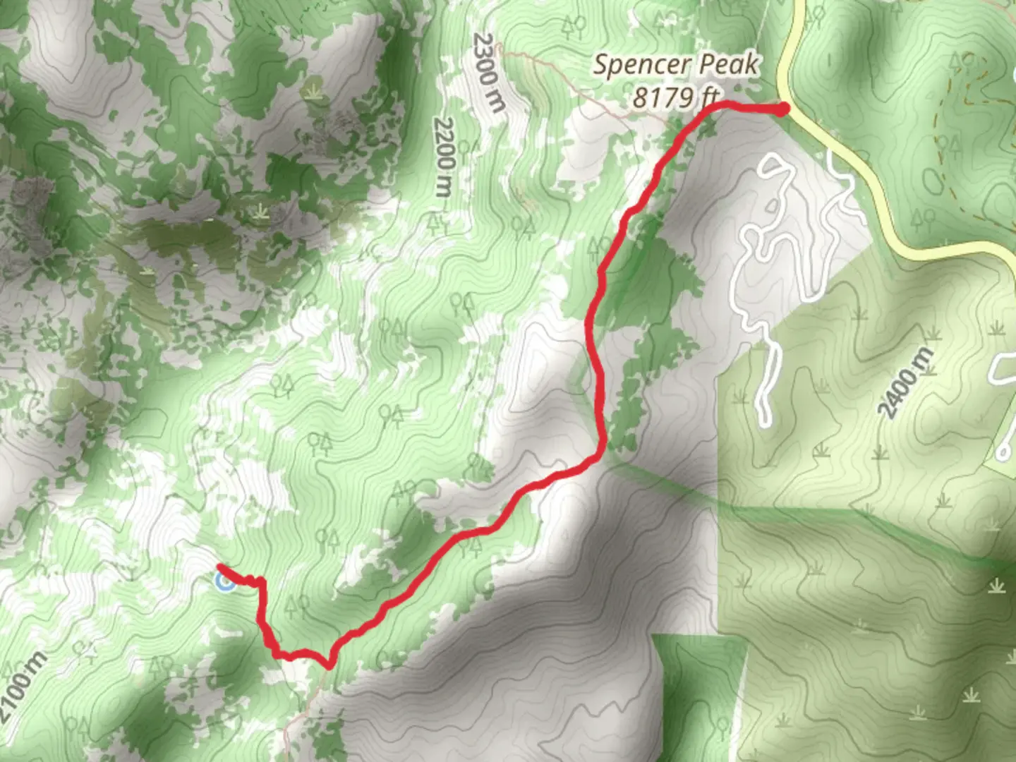 An image depicting the trail Spencer Peak - Box Camp Trail and its surrounding area.
