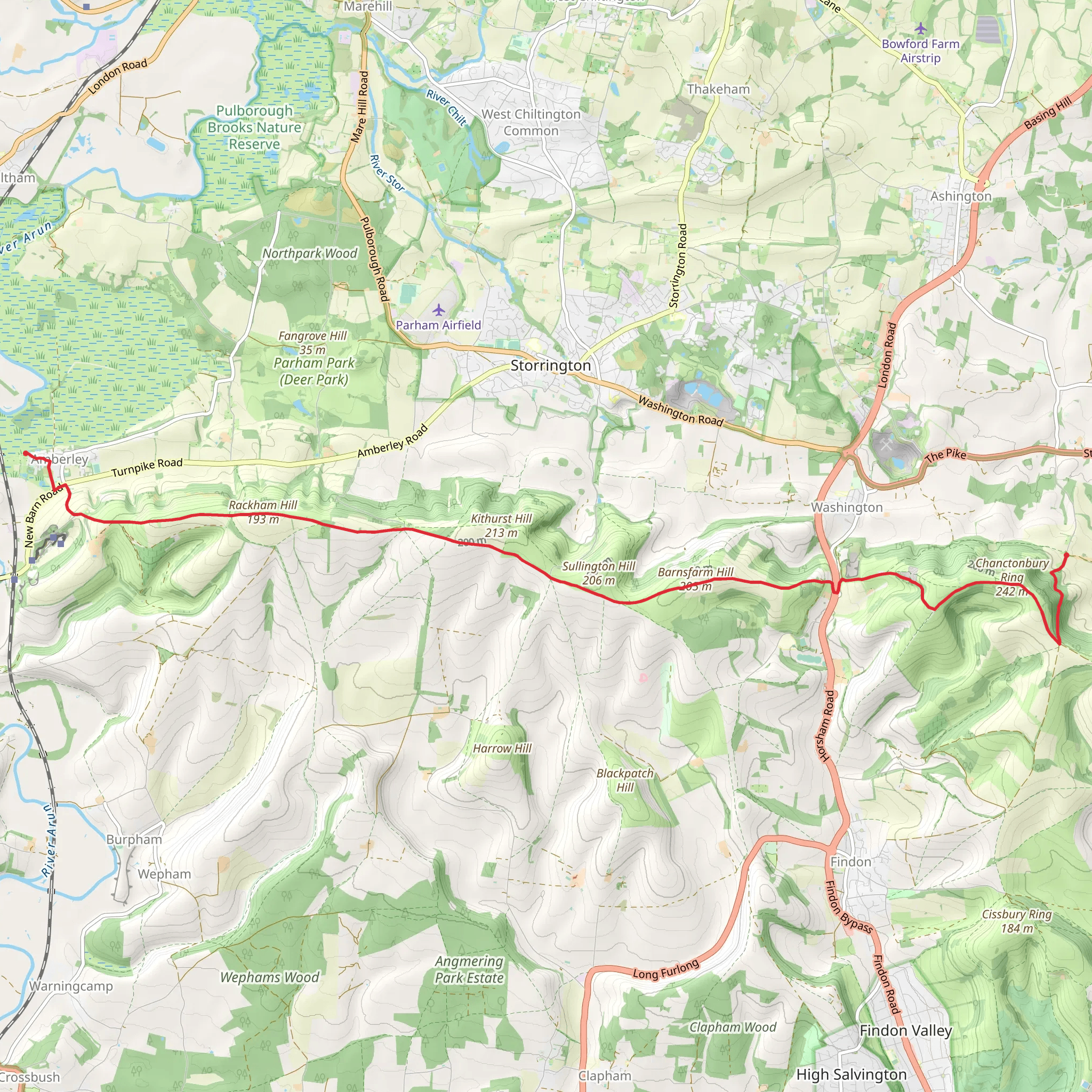Chalkpit Wood, Barnsfarm Hill, Springhead Hill and Rackham Hill via South Downs Way mobile static map