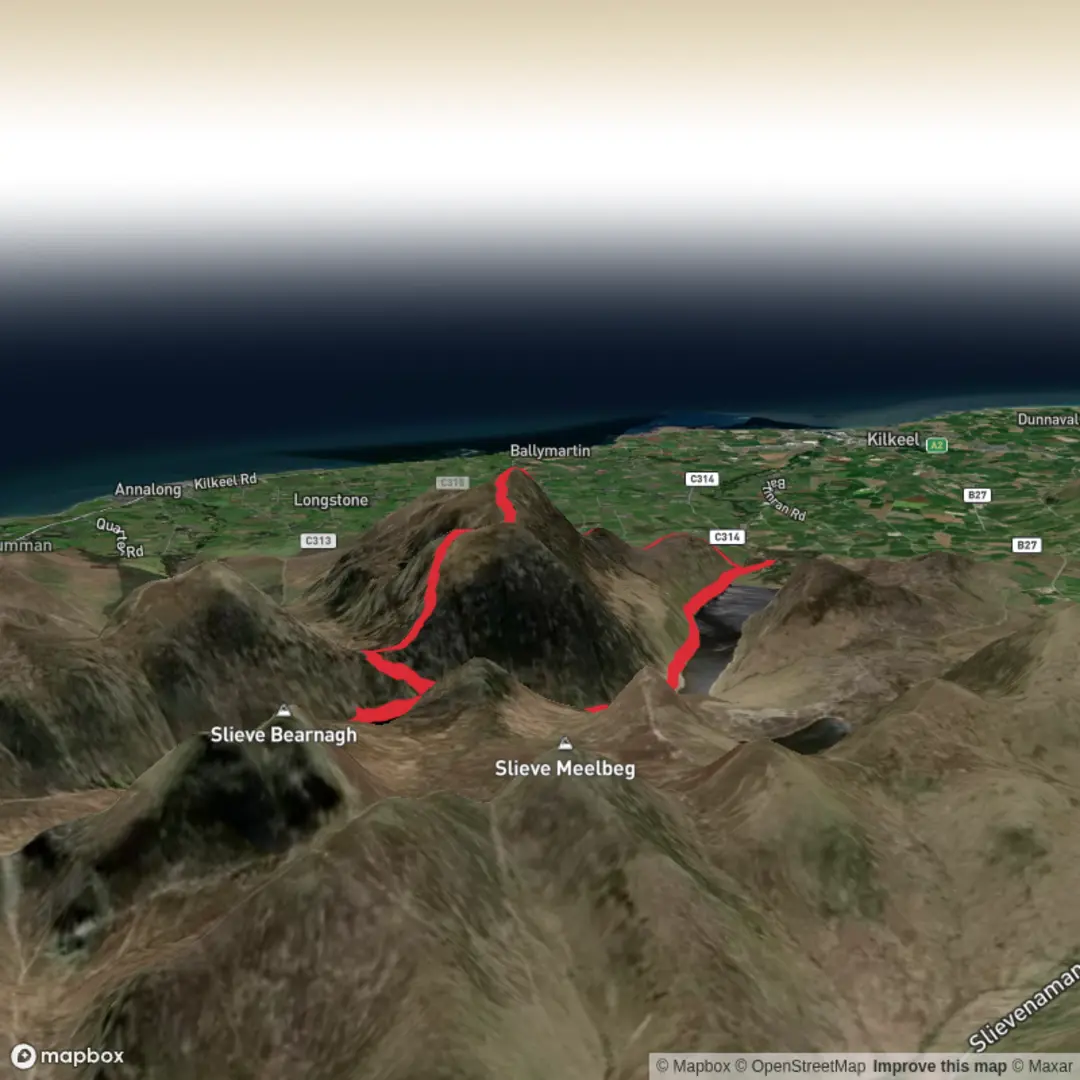 An image depicting the trail Slieve Binnian, Silent Valley and Secret Waterfall Loop and its surrounding area.
